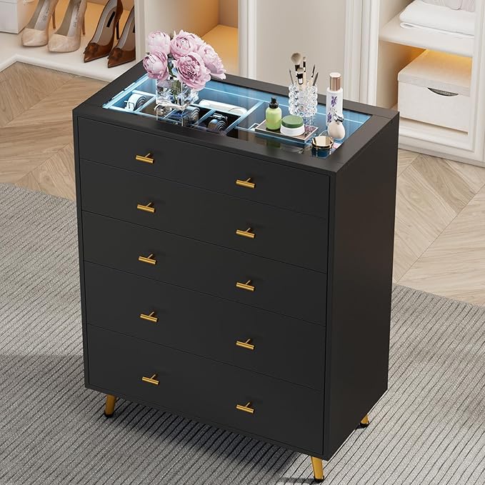 Drawer Dresser with LED Lights, 30.7" W x 39" H Tall Tempered Glass Top Dresser