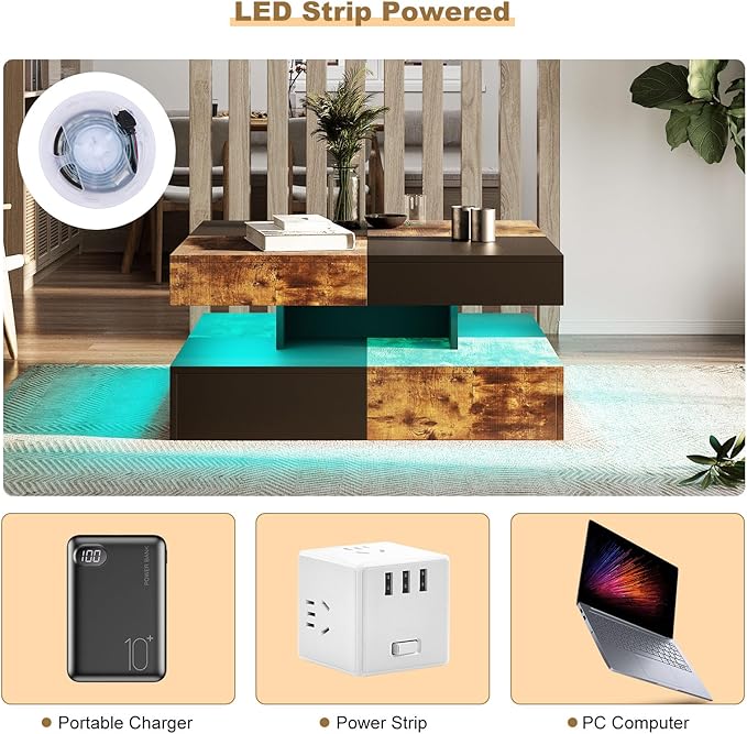 HedoAjim LED Coffee Table for Living Room, Living Room Table 2-Tier Square