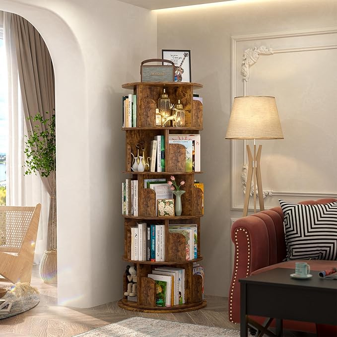 Aheaplus Rotating Bookshelf, 360 Display Wood Spinning Bookshelf Tower