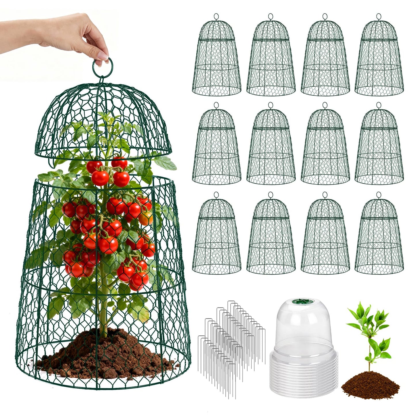 12 Pack XL Metal Garden Cloches for Plants, 17" Height Rustproof Chicken Wire Cloches for Seedlings, Vegetables & Flowers, Plant Protectors from Animals Includes 12 Humidity Domes & 48 Stakes - Green