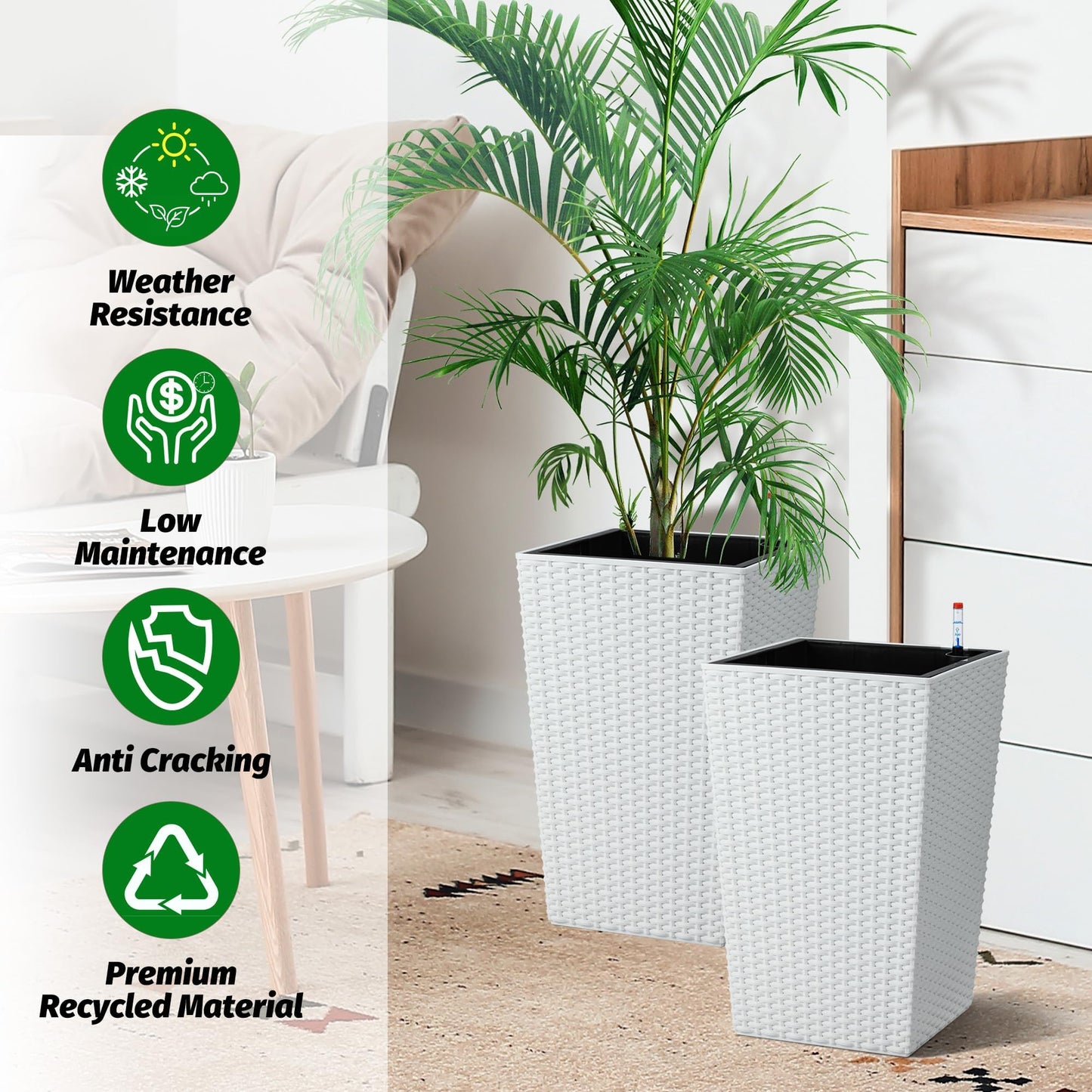 16" White Tall Planters Outdoor Set of 2, Large White Flower Pots Outdoor with Drainage Holes & Automatic Watering System, Modern Large Resin Planters for Outdoor Plants, Front Porch, Deck, Rattan