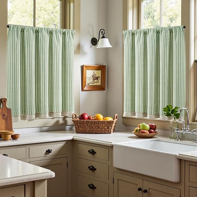 jinchan Double Layer Striped Linen Kitchen Tier Curtain Rustic Cafe for Living Room Bathroom Half Window Curtain Light Filtering Rod Pocket 1 Panel 36 Inch Sage Green
