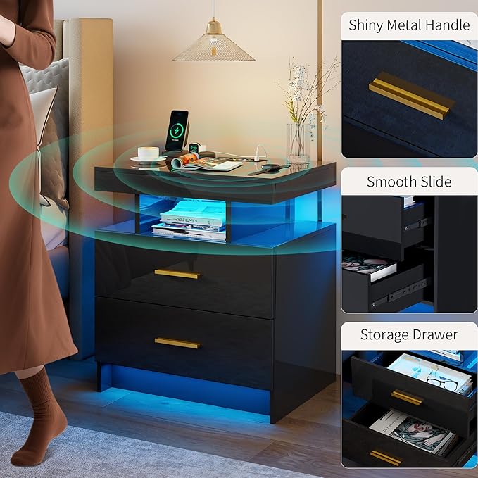 Smart Night Stand with Charging Station, Modern Black Nightstand with 24 Color