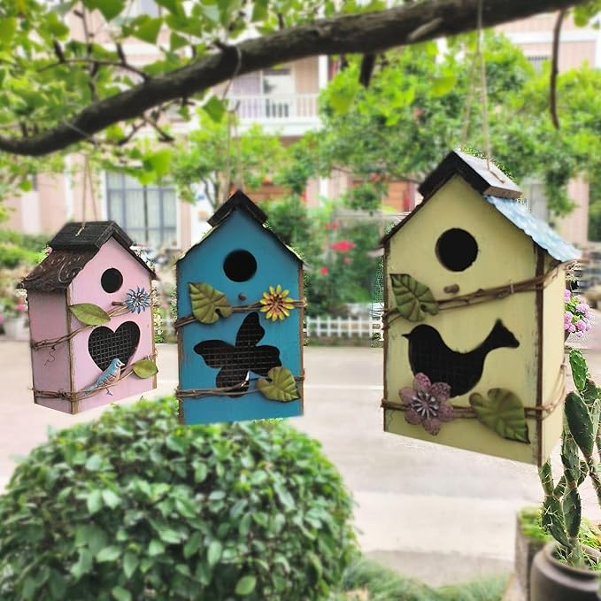 Wood Bird House for Outside, 10" H Hanging Bird House with Waterproof Metal Roof, Vintage Rustic Decorative Birdhouse Wooden Bird Nest Box for Outdoor Garden Yard Decorations (Blue)