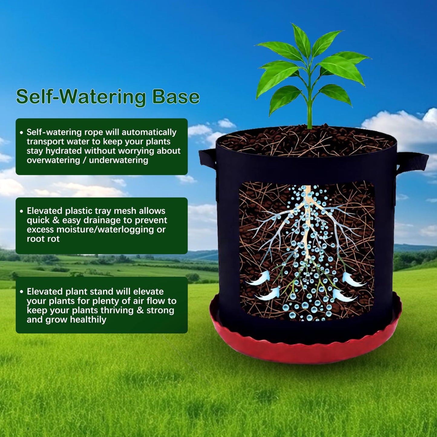 4 Pack 16 inch Self Watering Base for Fabric Grow Bag, Self-watering Plastic Elevated Plant Saucer Stand, Automatic Watering Tray for Non-woven Planter Flower Pot Growth Tent Greenhouse Indoor Outdoor