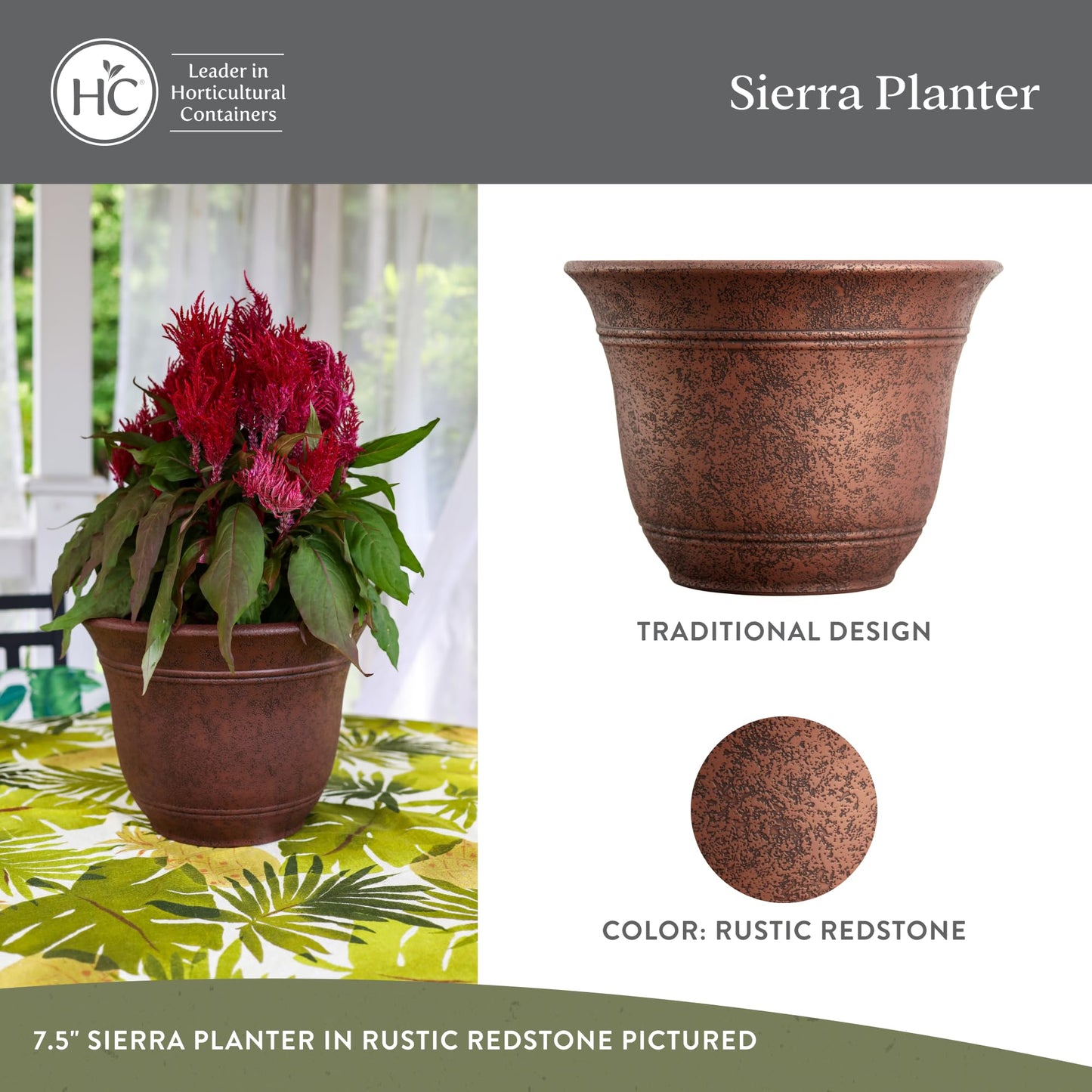The HC Companies Sierra Round Self-Watering Pot - Lightweight Plastic Planter for Herbs & More - Durable Plant Pots for Indoor Plants & Outdoor Plants (7.5” Rustic Redstone, Pack of 2)