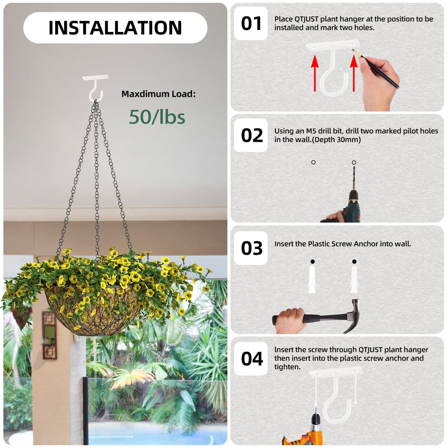 QTJUST Ceiling Hooks for Hanging Plants 20pack 2.5inch White