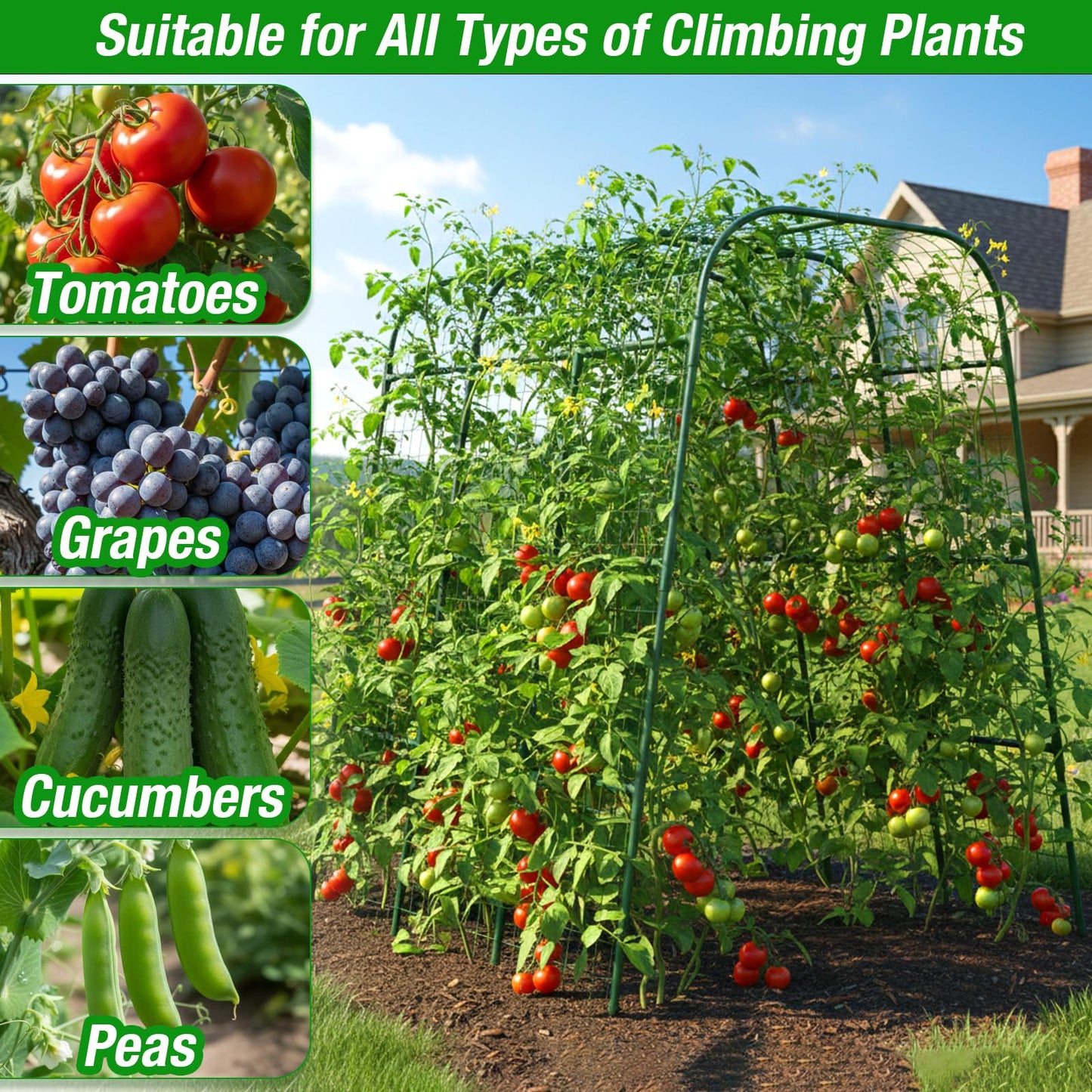 Cucumber Trellis 16mm for Raised Bed 48" L x 64" H, U-Shape Heavy-Duty Metal Garden Trellis for Climbing Plants Outdoor, Vegetable Arch Support Frame for Tomato Pea Zucchini Grape Flowers Vines
