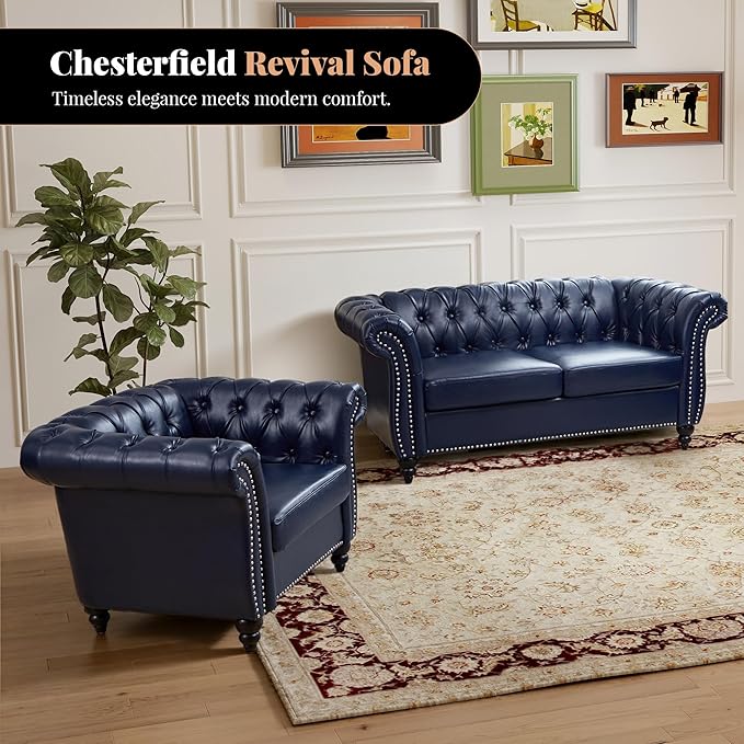 LEVNARY Chesterfield Armchair, Tufted Leather Accent Chair, Mid-Century Modern