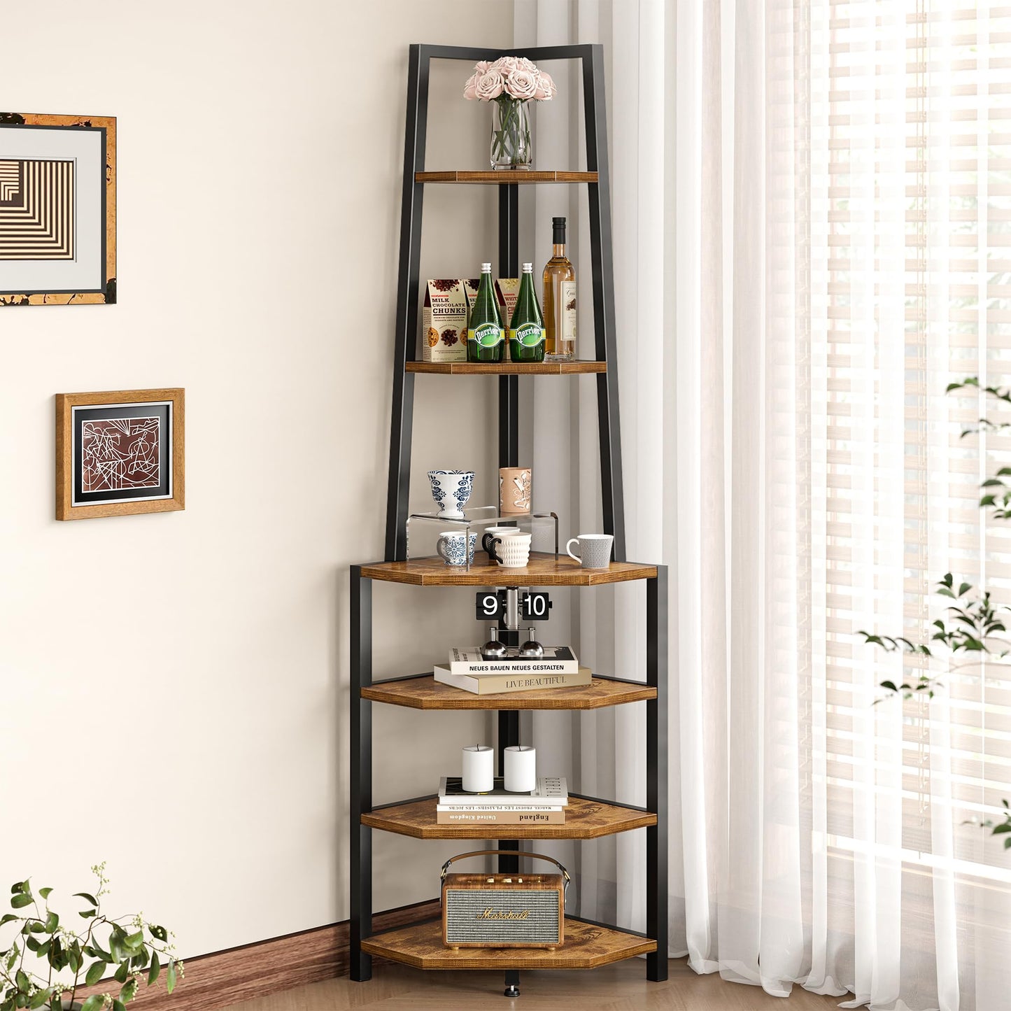 VECELO 6 Tier Corner Shelf 69 Inch Industrial Bookshelf with Metal Frame, Multipurpose Tall Plant Stand with Opening Display Shelves for Living Room, Bedroom, Home Office, Small Space, Brown
