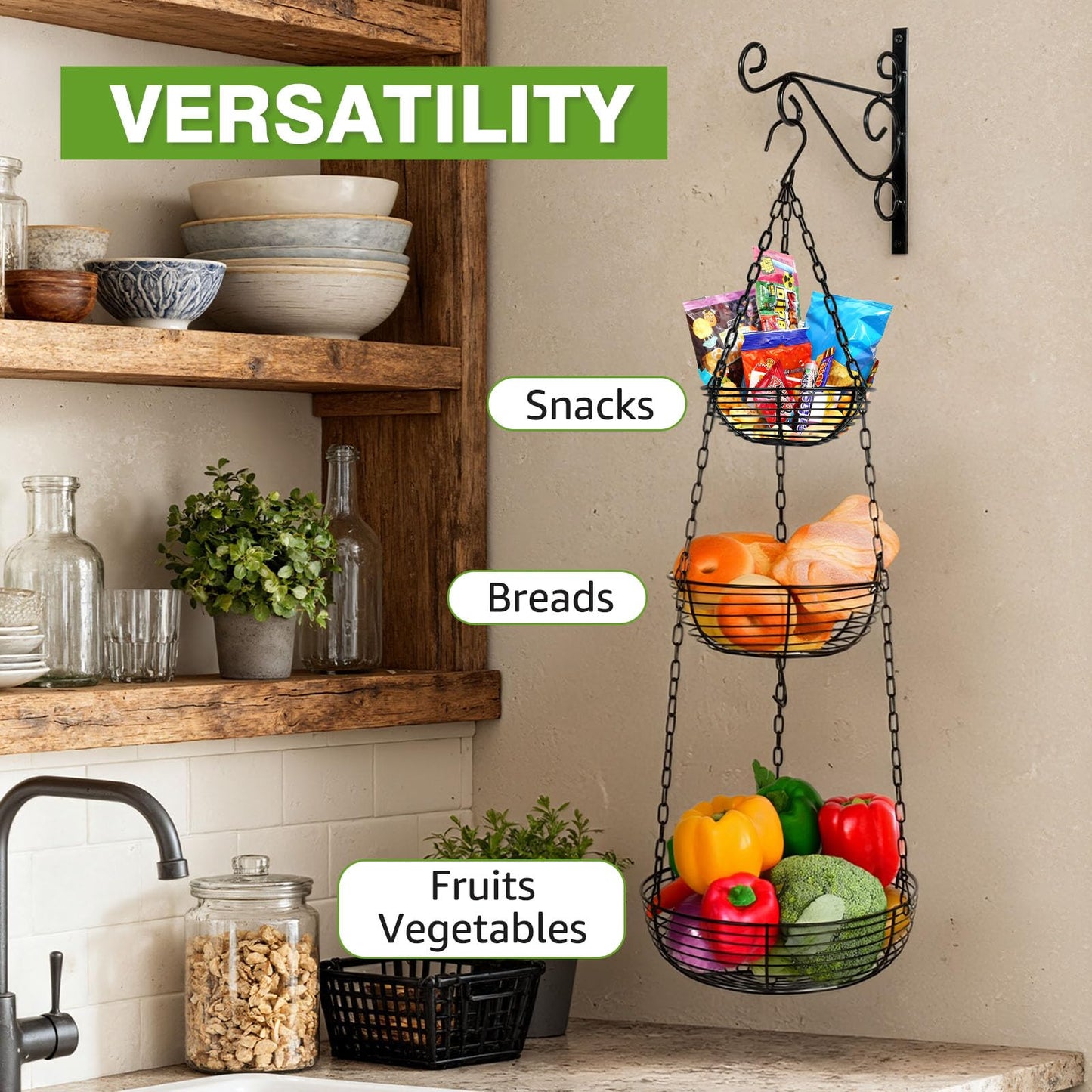 HULISEN 3 Tier Hanging Fruit Basket with Banana Hook, 36-Inch Heavy-Duty Wire Hanging Baskets for Kitchen Storage, Vegetable Produce Organizer (Including Installation Bracket)