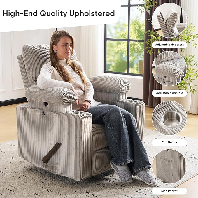 Swivel Rocker Recliner with Adjustable Armrests, Rocking Nursery Chair with