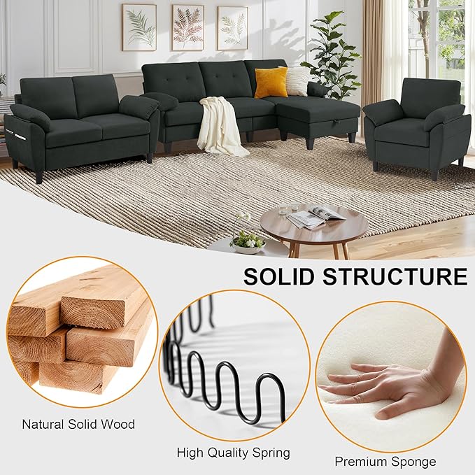 84" Convertible Sectional Sofa Set, 3 Seat L Shaped Couch