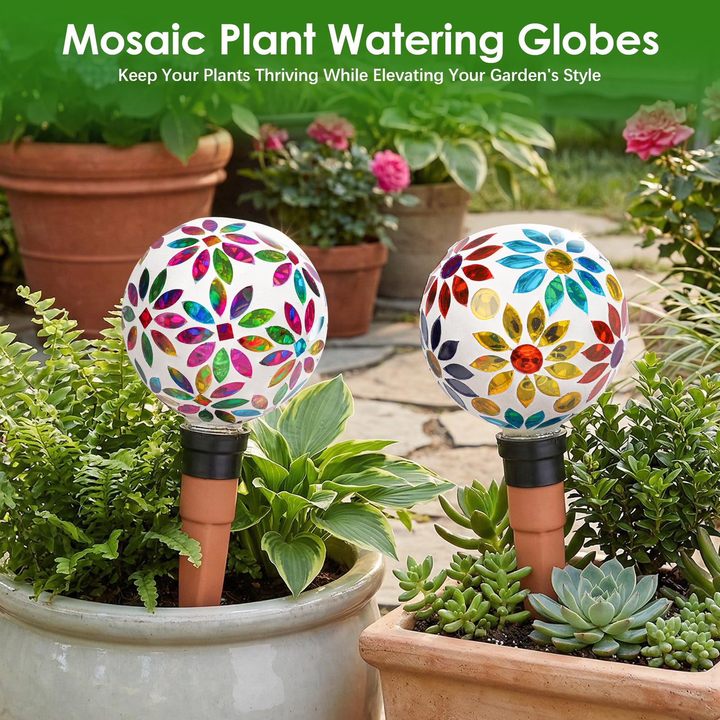 Chonsun Terracotta Watering Spikes Mosaic Watering Globes for Outdoor Plants 2 Pack Automatic Plant Waterer Watering Devices Water Bulbs
