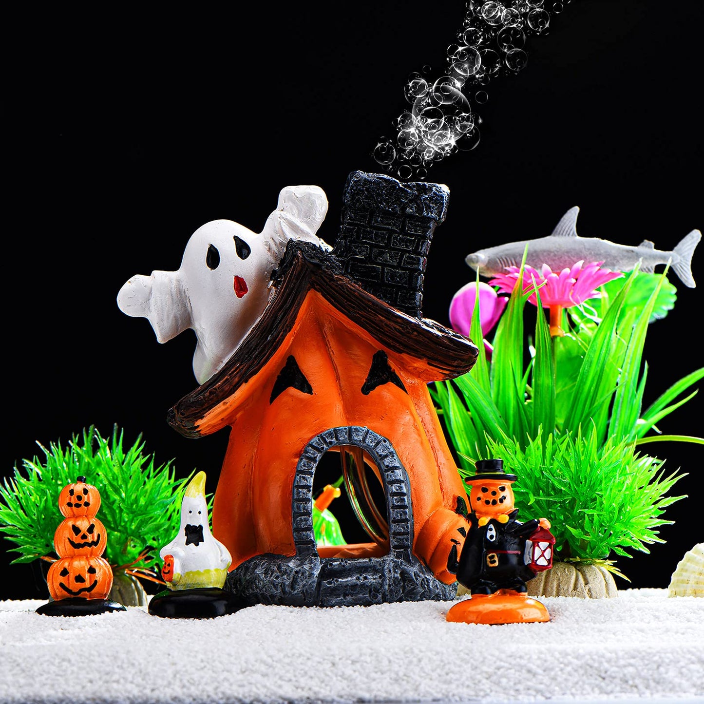 Blulu 4 Pieces Halloween Decorations for Fish Tank Miniature Figurines Indoor Outdoor Resin Ghost Pumpkin Bubble House Statue Set Halloween Ornament Garden Decor