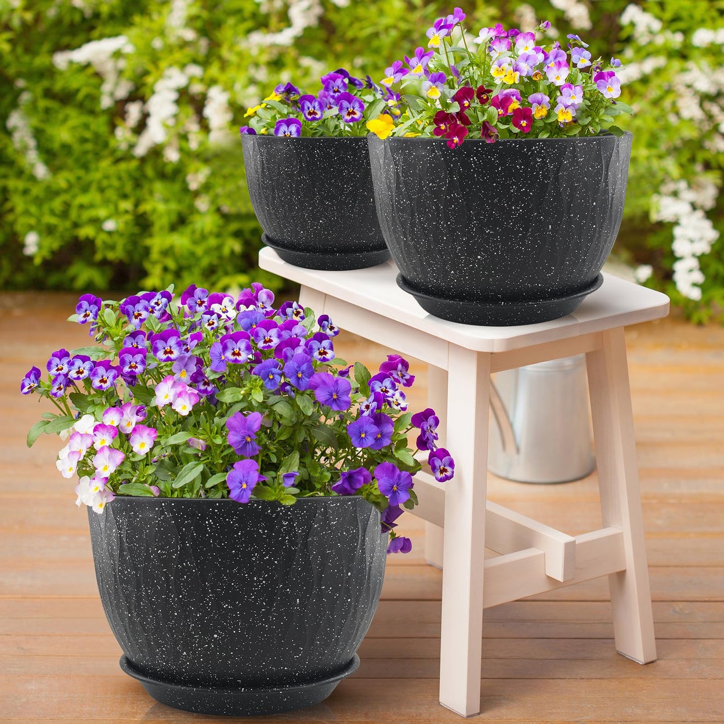 GDJUQZ 12/10/9 inch Plant Pots, 3 Pack Flower Pots for Outdoor Indoor Garden Plants, Large Planters with Multi Mesh Drainage Holes and Saucer (Speckled Black, 12"+10"+9")