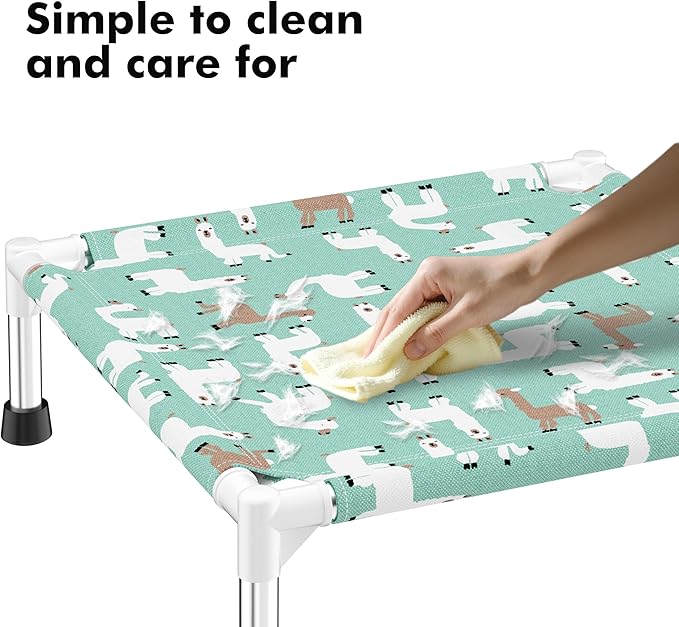 Cute Alpaca Print Elevated Dog Bed - Portable Cooling Pet Cot for Small Dogs - Breathable Thickened Fabric Hammock, Crate Compatible, Indoor & Outdoor Use
