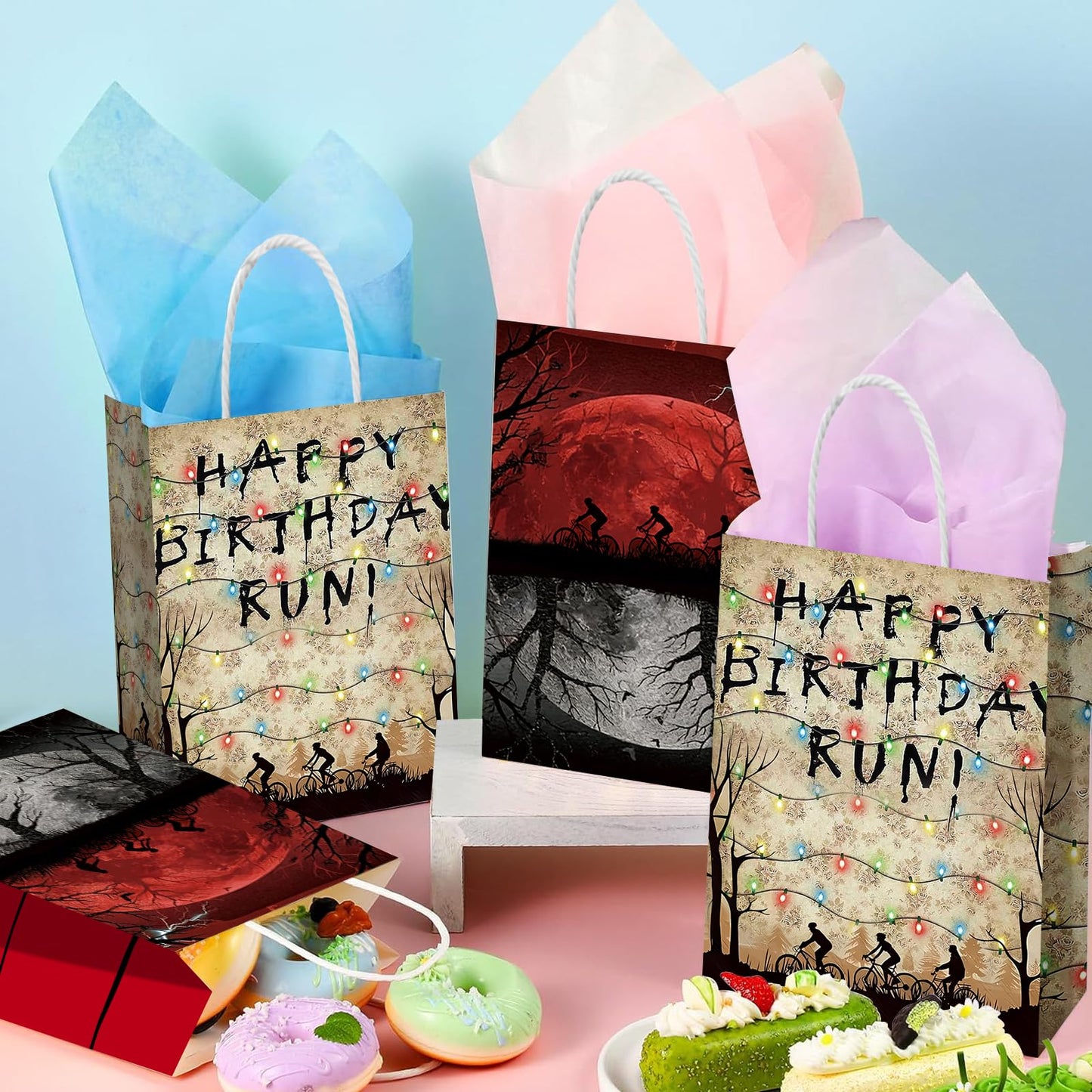 Casagete 12pcs Party Bags Birthday Party Favors Bags Upside Down Themed Party Spooky for Girls Goodie Bags for Kids Birthday Party(6X3.14X8.4inch)