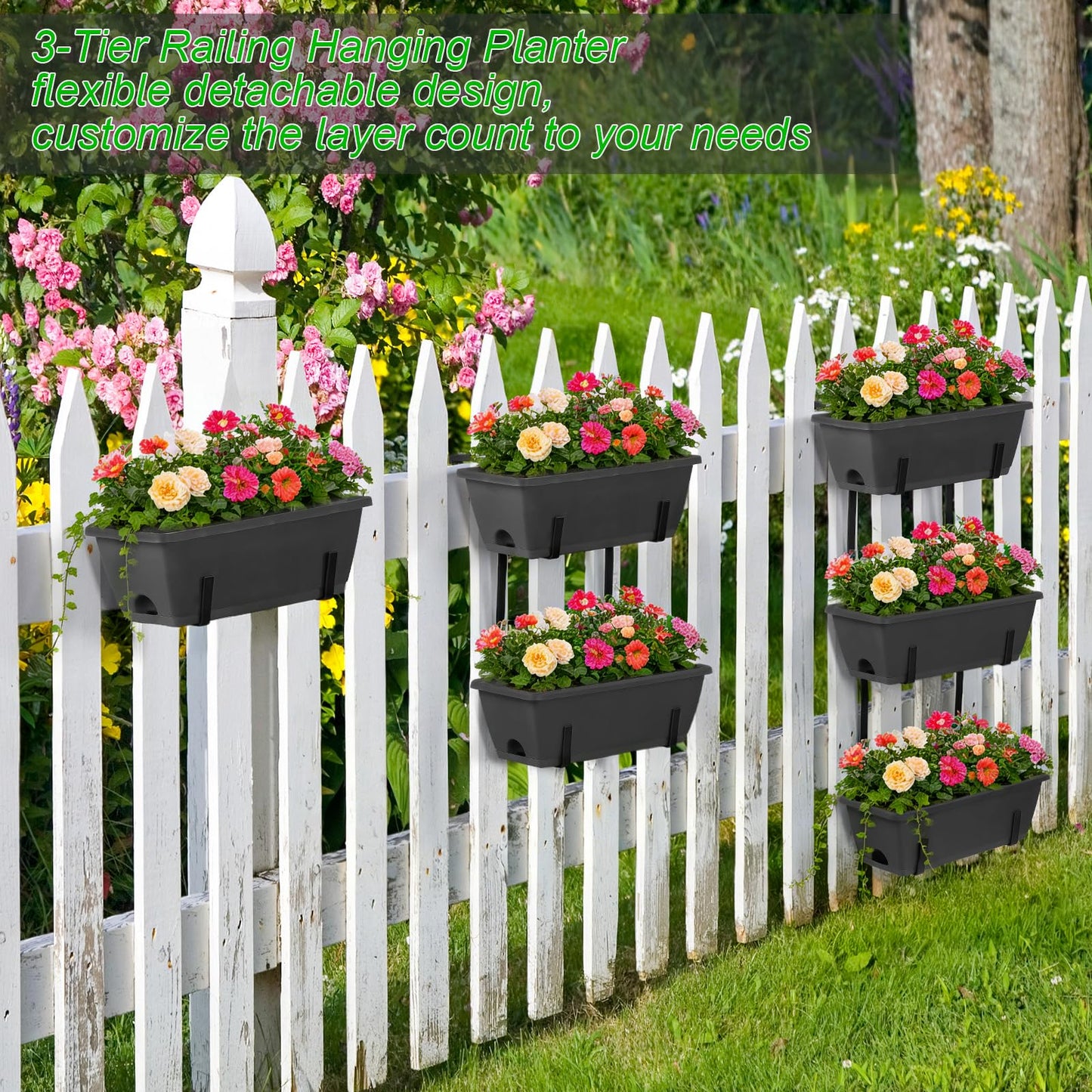 OYEAL Deck Railing Planter Boxes Set of 2 Over Fence Planters for Outdoor Plants, Hanging Window Planter Boxes with Adjustable Brackets, 6 Plastic Flower Boxes, Grey