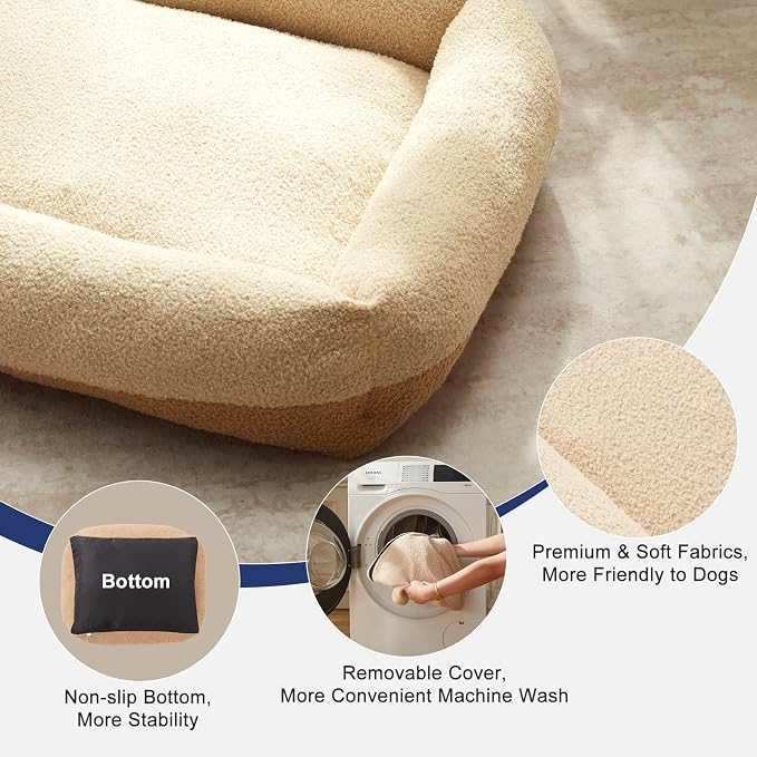 FURTIME Washable Dog Bed Medium Size Dogs, Rectangle Comfy Fluffy Small Dog Bed, Removable Zipper Cover Machine Wash, Orthopedic Bed Durable Pet Cuddler with Anti-Slip Bottom, 25x21x7 in, Beige