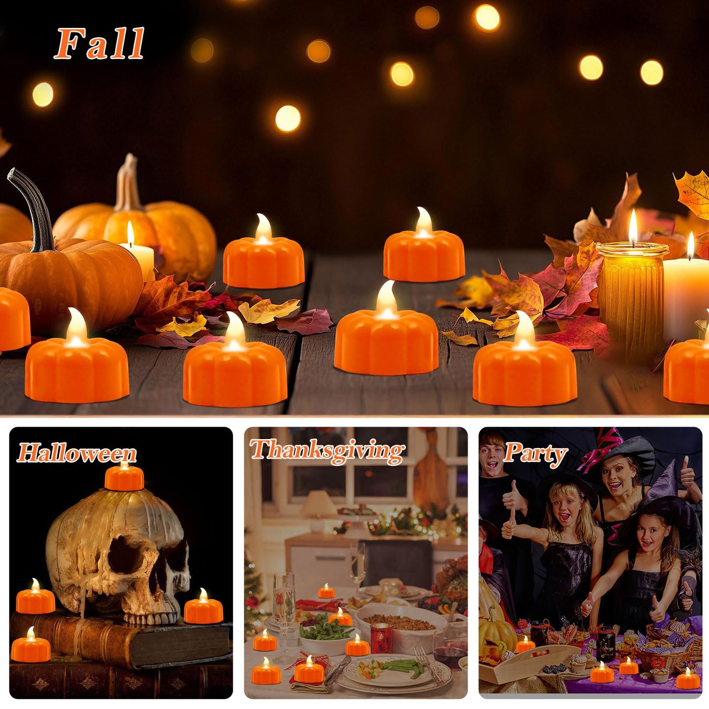 Pumpkin Tea Lights Fall Decorations for Home,12 Pack LED Orange Pumpkin Lights FlameLess Candles Battery Operated Thanksgiving Flickering Tealights Candles for Table Home Party Halloween Decor