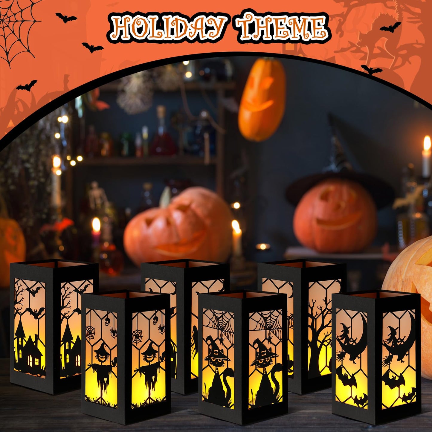 Riakrum 6 Pcs Halloween Table Decorations Table Centerpieces Boxes with Battery Operated Candle Holders Ghost Spiders Bat Silhouette Sketch Paper Lantern Boxes for Movie Night Party (Yellow Light)