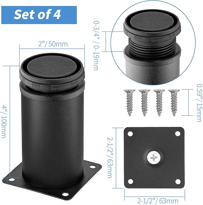 4 Inch Metal Furniture Legs Stainless Steel Adjustable Legs Black Metal Legs