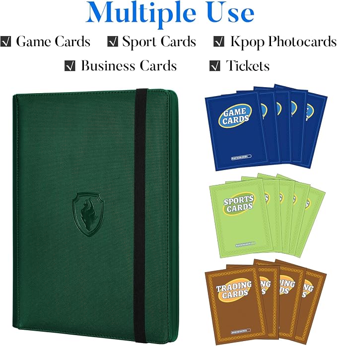 Premium 9 Pocket Card Binder for 540 Cards, Fabmaker PU Cover Trading Card Binder, Sturdy Card Collection Album, Sleek Card Holder Folders for Game Cards & Sports Cards, Dark Green