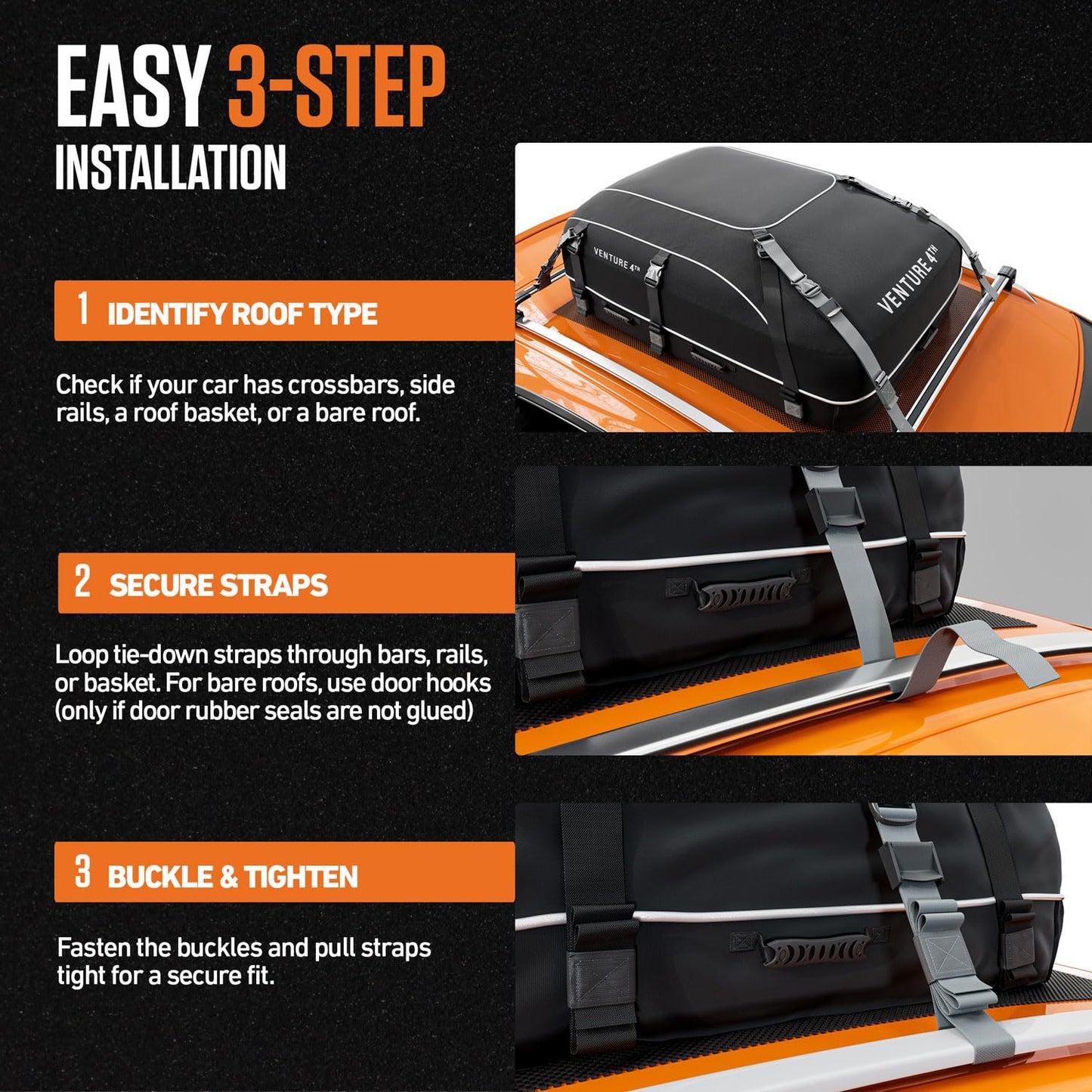 VENTURE 4TH Rooftop Cargo Carrier - 21 Cubic Feet Waterproof Car Roof Cargo Bag with Tie-Down & Compression Straps, Fits Most Vehicles with or Without Roof Racks, Sidebars & Crossbars