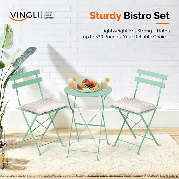VINGLI Outdoor Folding Bistro Table and Chairs Set of 2, 3-Piece Bistro Set
