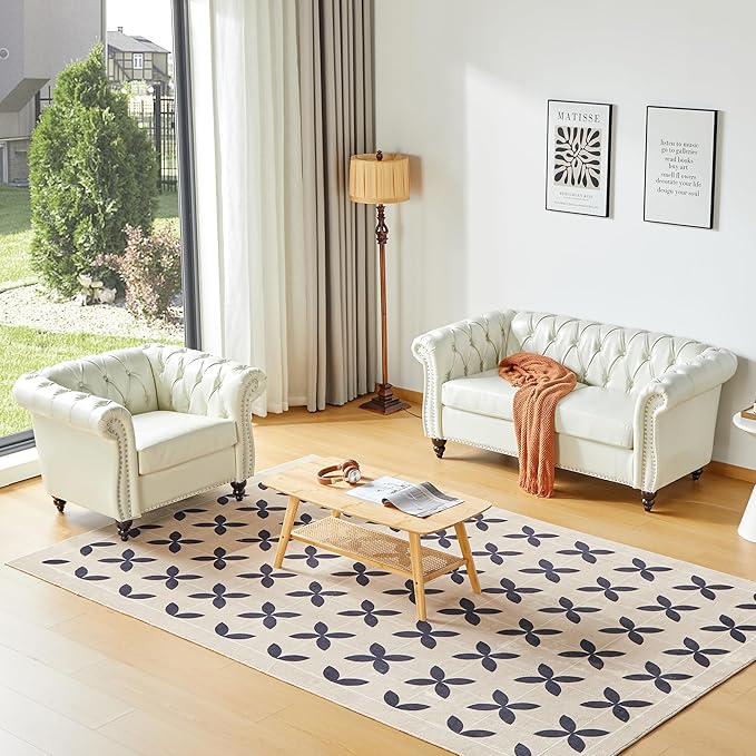 ORRD 2 Piece Living Room Set, Chesterfield Faux Leather Sofa Couch Chair