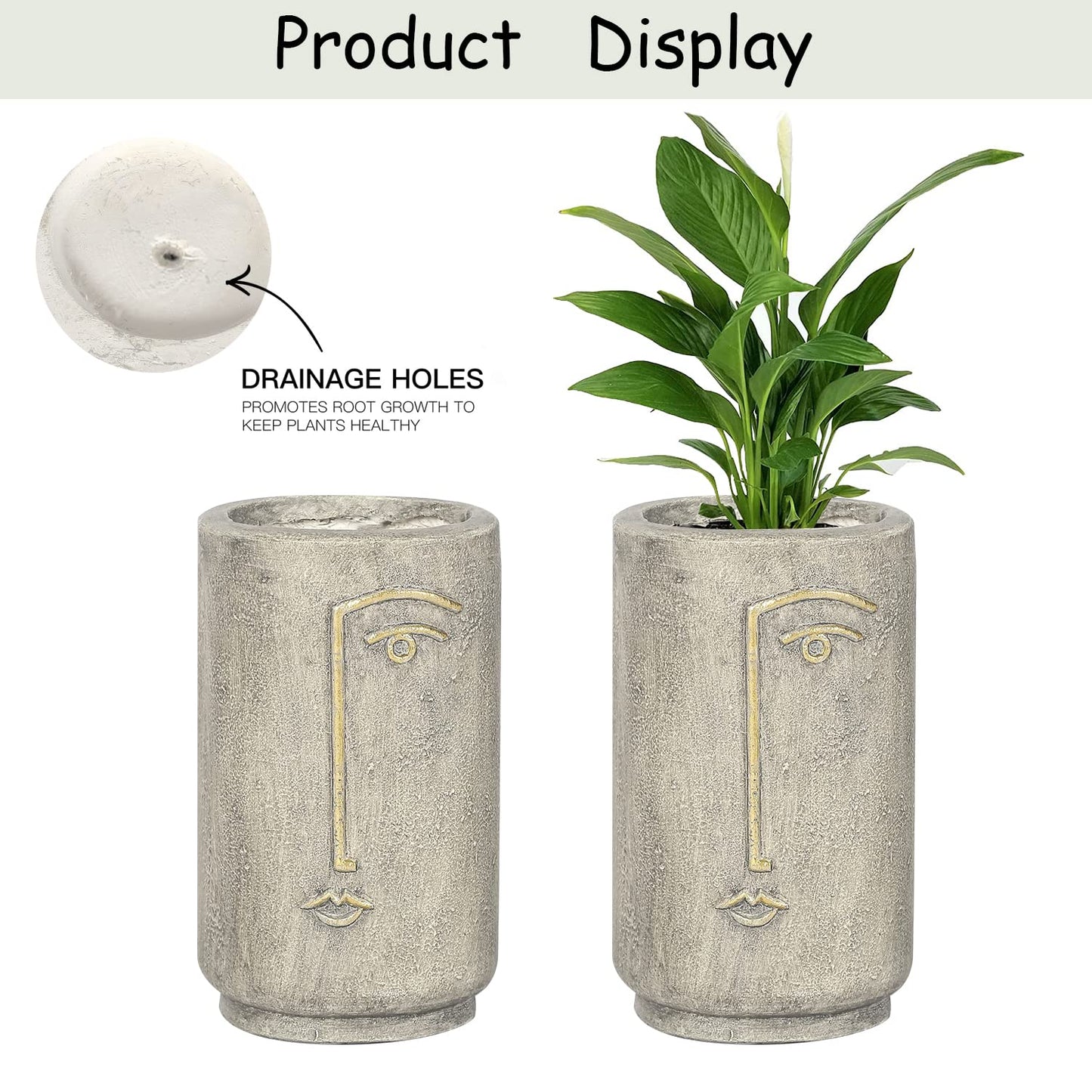 Asense Flower Pots Planters for Outdoor Indoor Garden, Smile Face Head Planter Plant Succulent Pots with Drainage Hole, Faux Concrete, Natural…