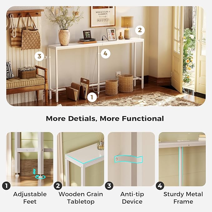 SUPERJARE Console Table with Outlet, 63 Inch Sofa Table with Charging Station