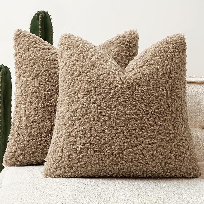 Faux Fur Throw Pillow Covers 20x20 Inch Set of 2 Boucle Neutral Decorative