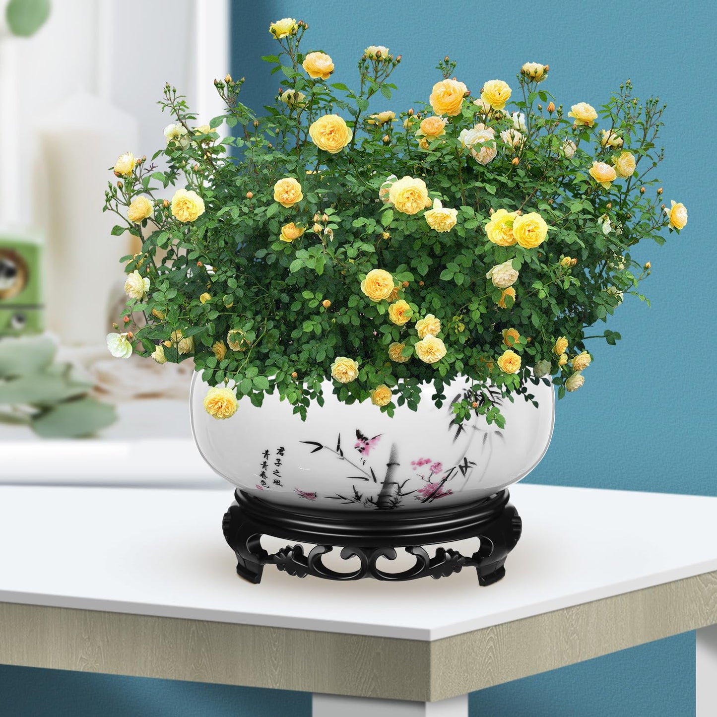 HEMOTON Lotus Bowl Planter, Chinese Style Ceramic Water Lily Pot with Ink Bamboo Pattern, No Drainage Hydroponic Vase for Indoor Plants, Decorative Fish Bowl with Plastic Base