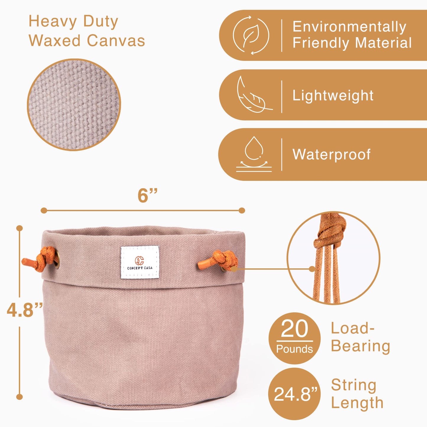 Concept Casa - Large Waxed Canvas Handmade Hanging Planter for Indoor/Outdoor Plants, Hanging Basket Plant Holder Stone Gray with Hook