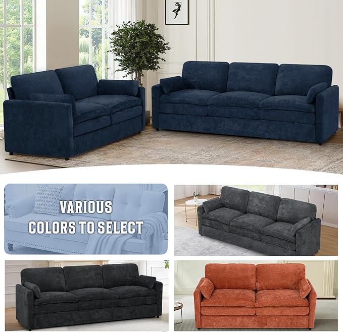 Classic Chenille Sofa Set with 2 Extra Armrest Pillows, Loveseat and 3-Seat