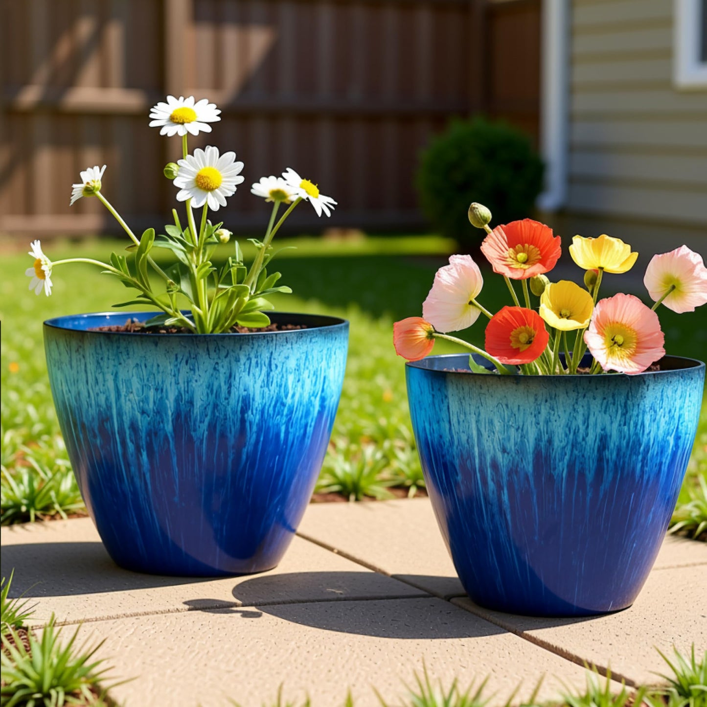 LESOASIS Pack of 2 Flower Pots, Plastic Plant Pots with Drainage Holes, 8 inch Modern Glossy Finishing Planter for Indoor Outdoor Plants (Blue Glaze, 2 Pack)