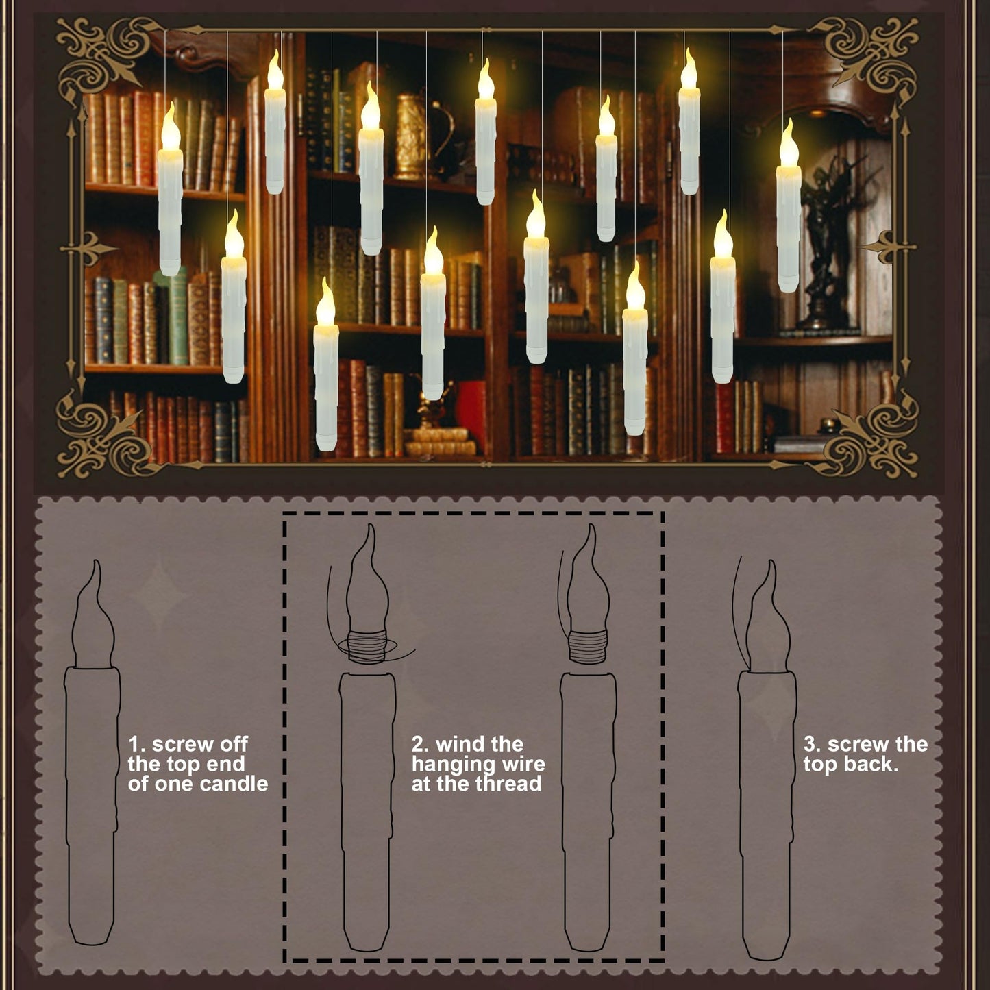 Treewoll 12pcs Flameless Floating Candles with Wand Remote, 6.7" L Battery Operated Flickering Candles with Hanging Wire for Ceiling Dining Table Wedding Magic Themed Parties Halloween Decorations