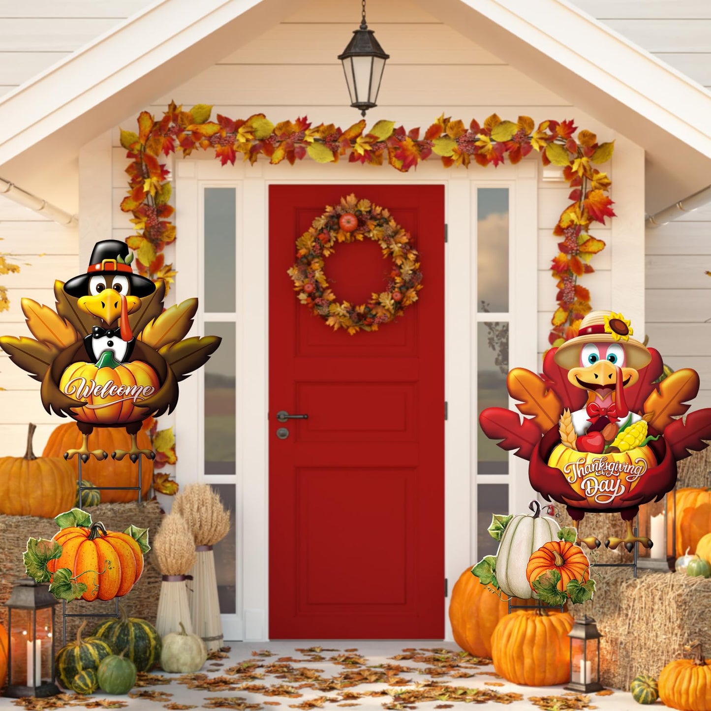 Quzzil 4 Pcs Thanksgiving Turkey Metal Yard Decorations Outdoor Pilgrim Turkey Decorative Garden Stakes With Stakes Large Fall Pumpkin Yard Sign for Thanksgiving Autumn Farmhouse Patio Outdoor