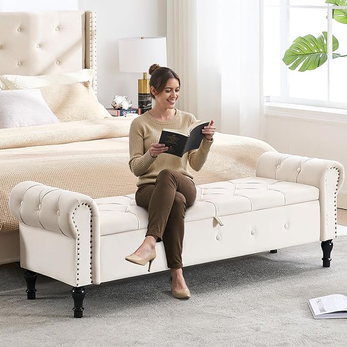 Storage Bench for Bedroom, Velvet 67" End of Bed Bench, King Size Bench