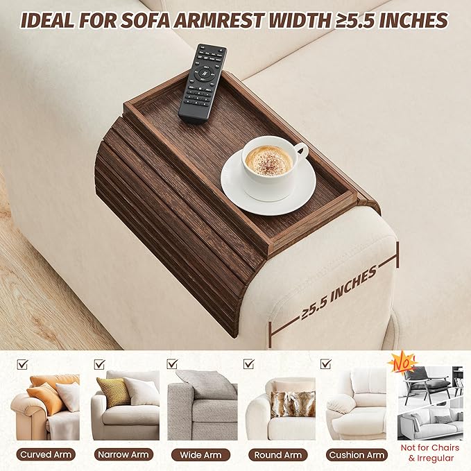 GEHE Bamboo Sofa Arm Tray, Foldable Couch Arm Tray Side Table, Anti-Falling