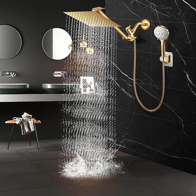 High Pressure Rainfall Shower Head/Handheld Shower Combo with 11" Adjustable Extension Arm, 5 Spray Settings Shower Heads with 60" Hose Anti-leak (Gold), 10"