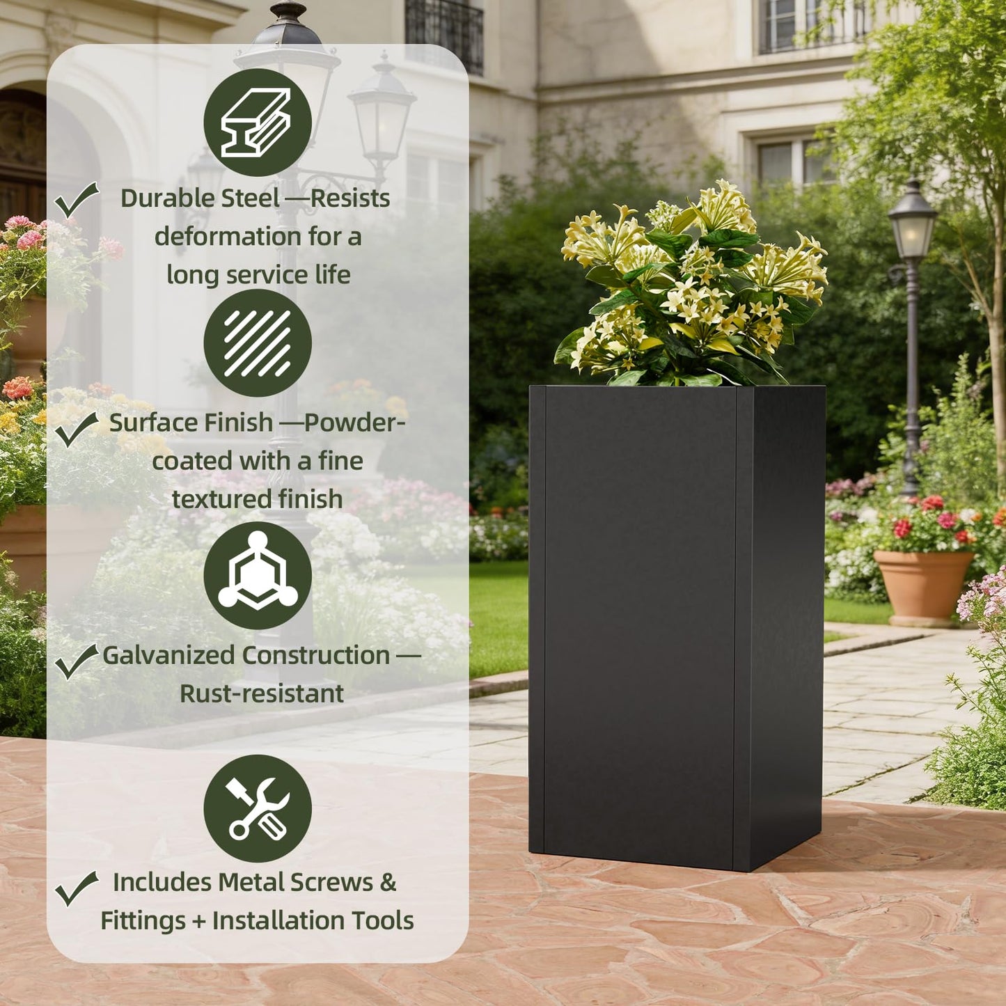 Diyfire Black Tall Metal Planters Box for Outdoor Plants 6 Pack- 23.6" H Steel Tall Square Planter with Removable Insert Shelf, Modern Heavy Duty Pedestal Planter Front Porch Decor Patio Garden
