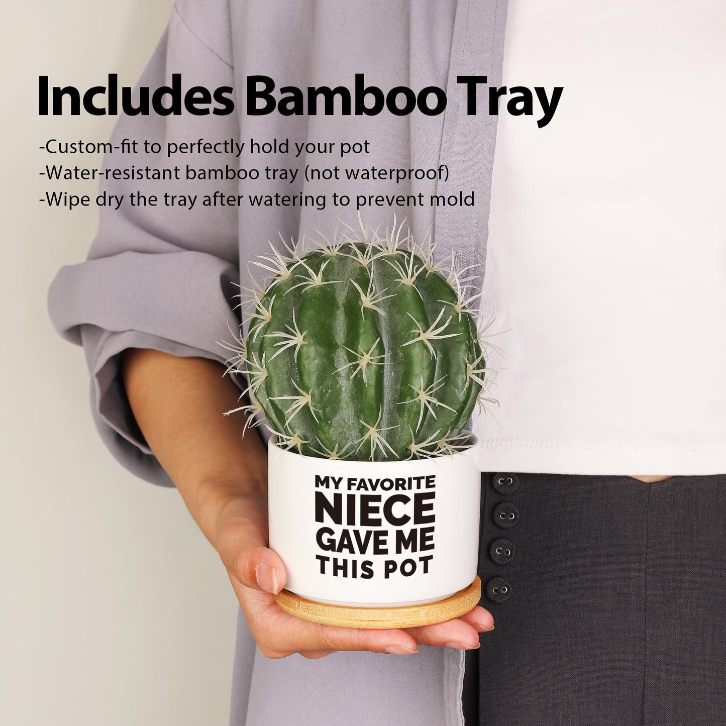 Loovelo My Favorite Niece Gave Me This Pot Succulent Plant Pot with Bamboo Tray Aunts Auntie Uncle Gifts Mother's Father's Day TIO Tia Home Office Decor Plant Lover 3.5 Inch White (No Plants)