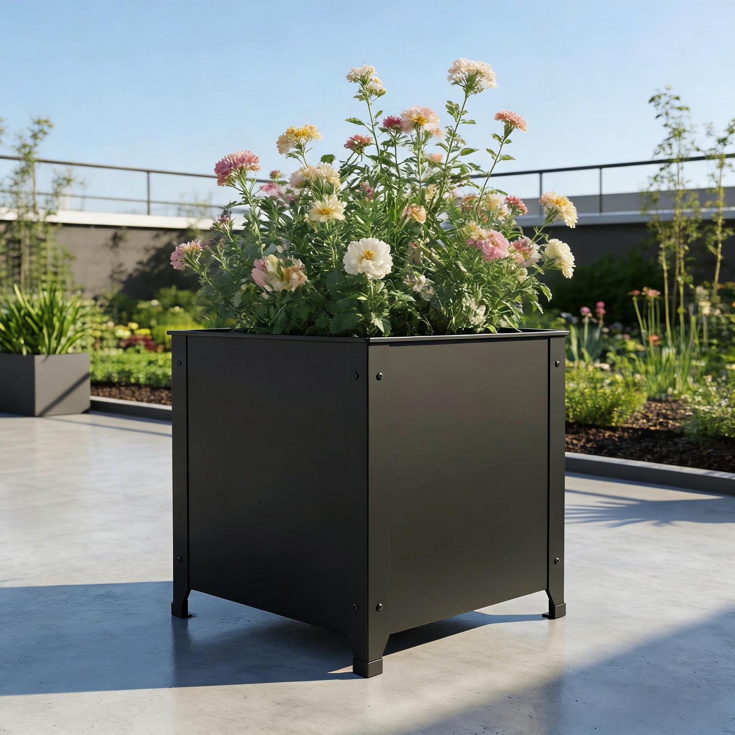SCENDOR Black Metal Garden Planter Box – 16.5" x 16.5" x 17.9" Heavy Duty with Drainage Holes for Outside Indoor Patio Deck Decorative Raised Plant Container for Flowers, Vegetables, and Succulents