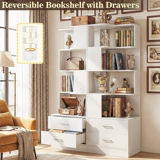 Armocity Corner Bookshelf with Drawers, 7 Tier Corner Book Shelf Display