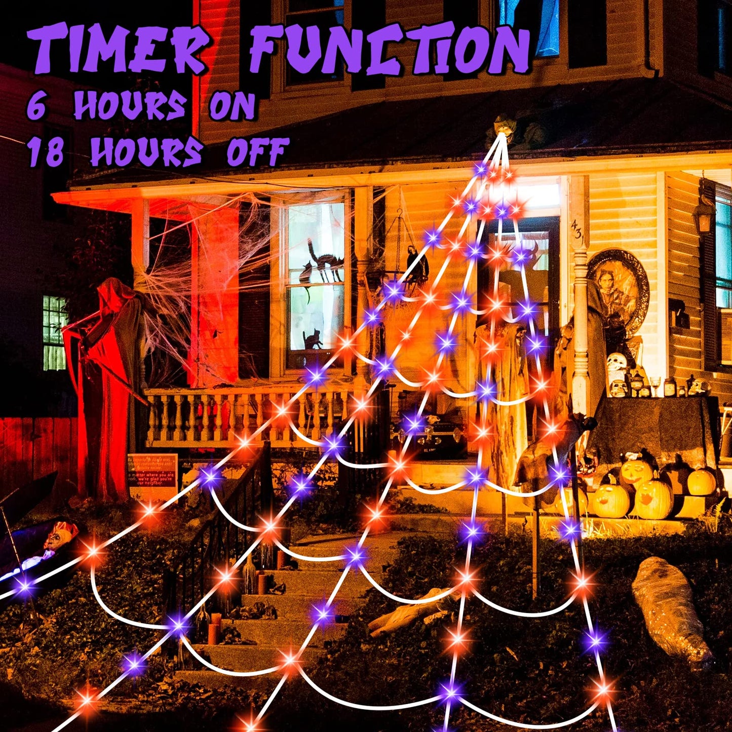 Halloween Spider Web Lights 150 LED Lighted Spider Web Giant 16.4 Ft Halloween Decorations Light up with 8 Lighting Modes Waterproof & Timer Outdoor Indoor Yard Haunted House Decor, Purple & Orange
