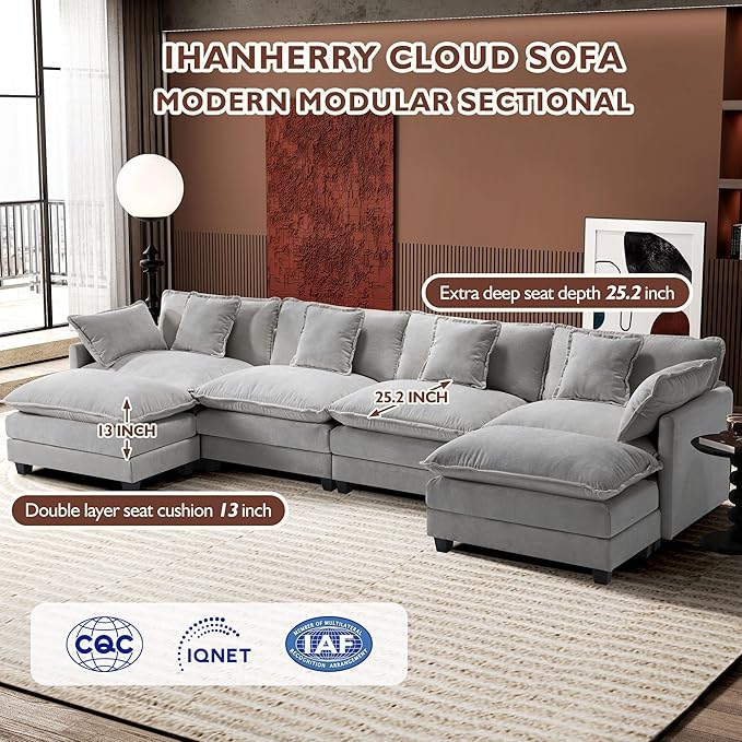Ihanherry 146" U-Shaped Modern Sofa Modular Sectional Cloud Couch