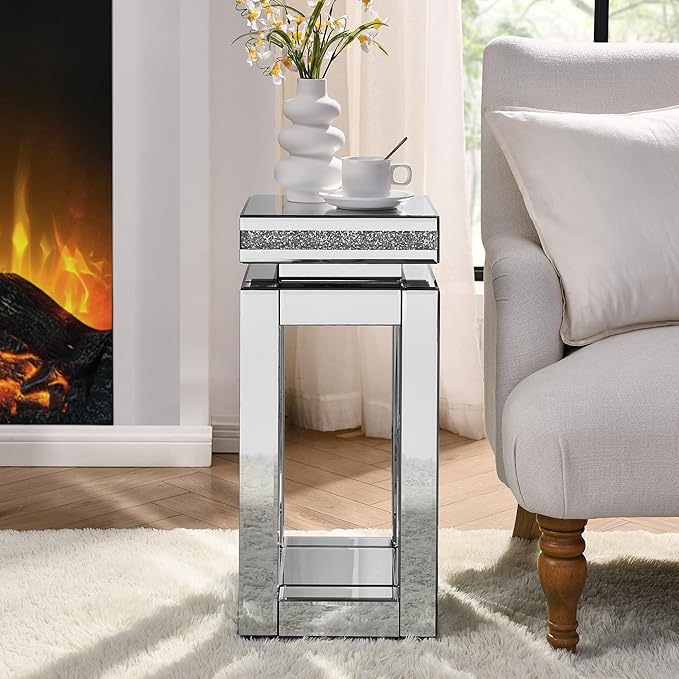 Mirrored End Table Square with Crystals, 2-Tier Modern Small Sofa Table with